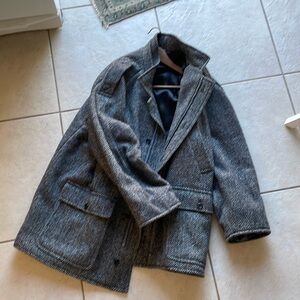 Vintage Aquascutum London luxury grey black wool tweed mid length pea coat